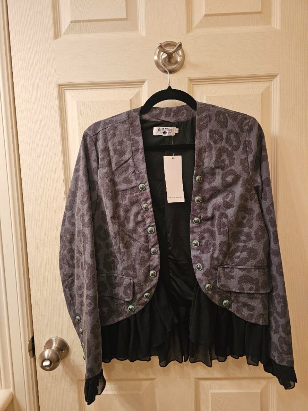 NWT Crazy Train Small Grey Leopard Jacket w / Teal Rimmed Buttons